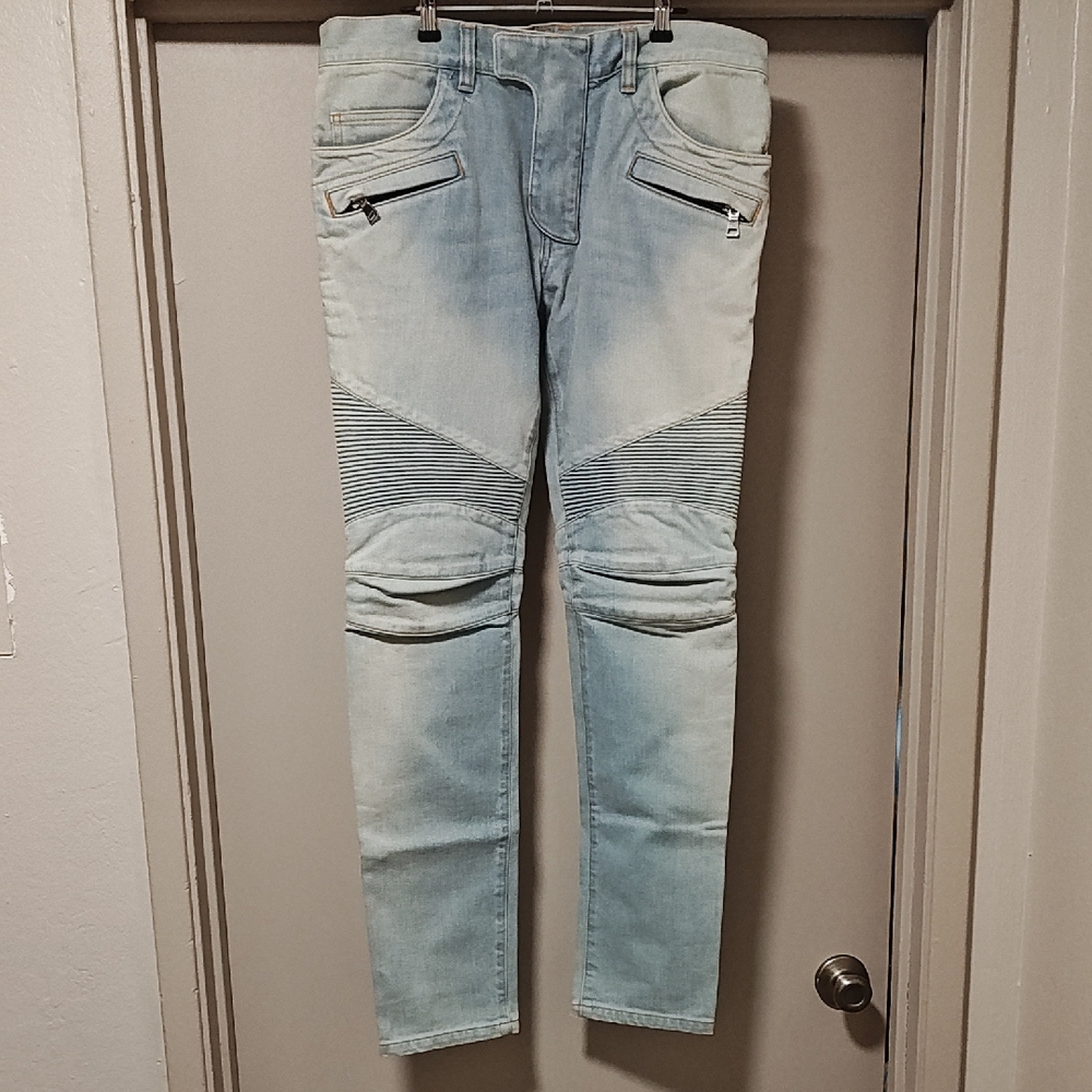 Balmain Faded Blue Skinny Jeans with Ribbed Details